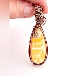 HANDMADE Mango Calcite Copper Wire Wrap Pendant Necklace, Artisan Jewelry Gift